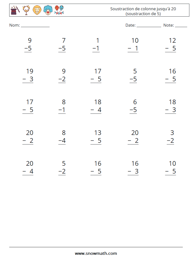 (25) Soustraction de colonne jusqu'à 20 (soustraction de 5) Fiches d'Exercices de Mathématiques 7