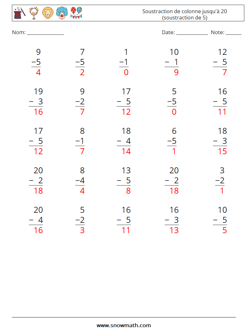 (25) Soustraction de colonne jusqu'à 20 (soustraction de 5) Fiches d'Exercices de Mathématiques 7 Question, Réponse