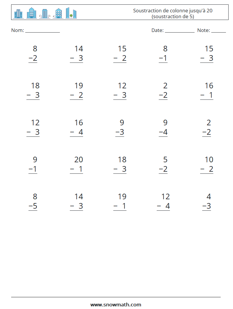 (25) Soustraction de colonne jusqu'à 20 (soustraction de 5) Fiches d'Exercices de Mathématiques 8