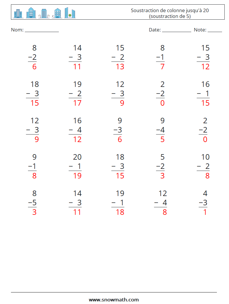 (25) Soustraction de colonne jusqu'à 20 (soustraction de 5) Fiches d'Exercices de Mathématiques 8 Question, Réponse