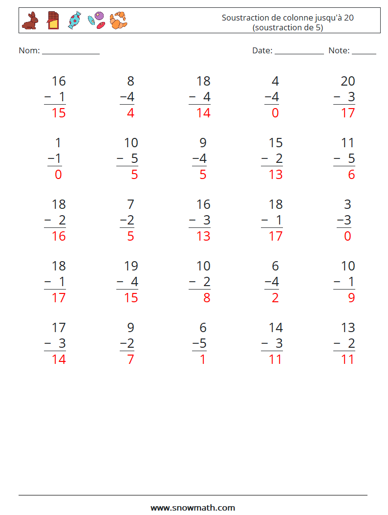 (25) Soustraction de colonne jusqu'à 20 (soustraction de 5) Fiches d'Exercices de Mathématiques 9 Question, Réponse