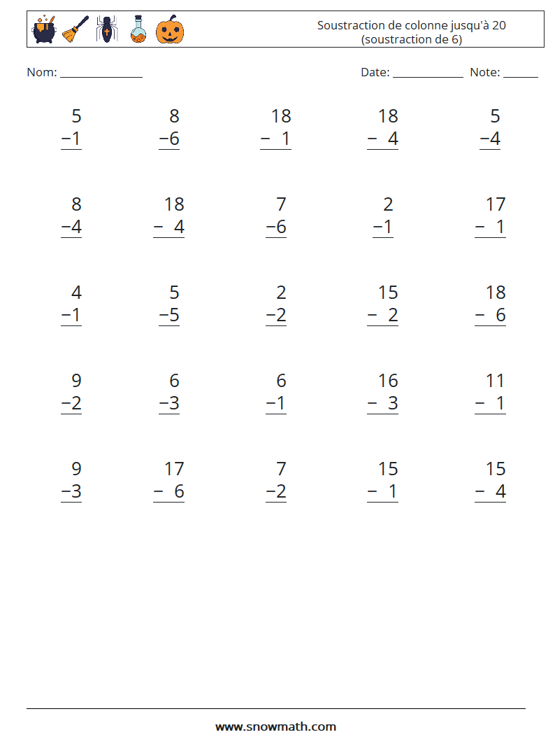 (25) Soustraction de colonne jusqu'à 20 (soustraction de 6) Fiches d'Exercices de Mathématiques 10