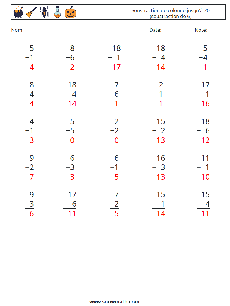 (25) Soustraction de colonne jusqu'à 20 (soustraction de 6) Fiches d'Exercices de Mathématiques 10 Question, Réponse