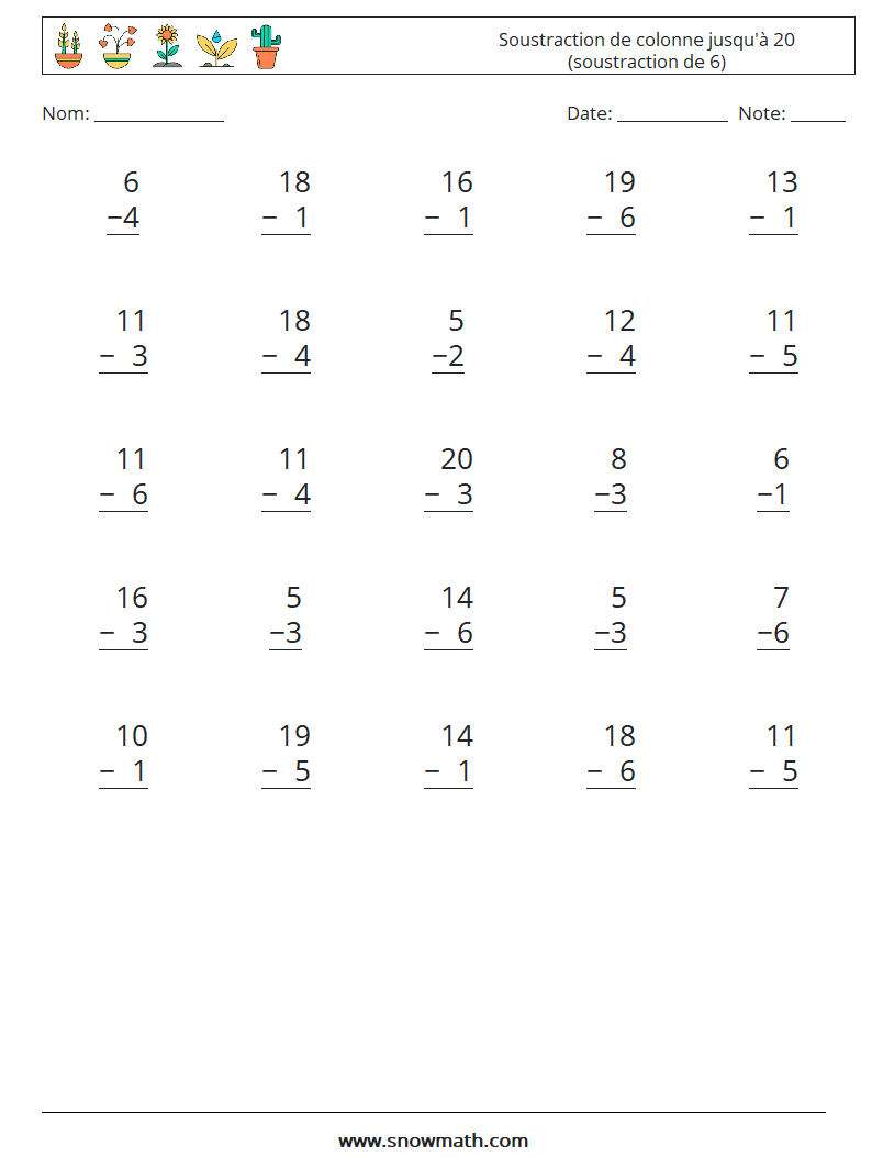(25) Soustraction de colonne jusqu'à 20 (soustraction de 6) Fiches d'Exercices de Mathématiques 11