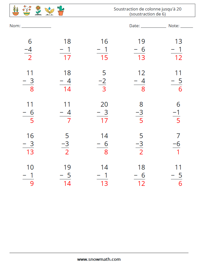 (25) Soustraction de colonne jusqu'à 20 (soustraction de 6) Fiches d'Exercices de Mathématiques 11 Question, Réponse