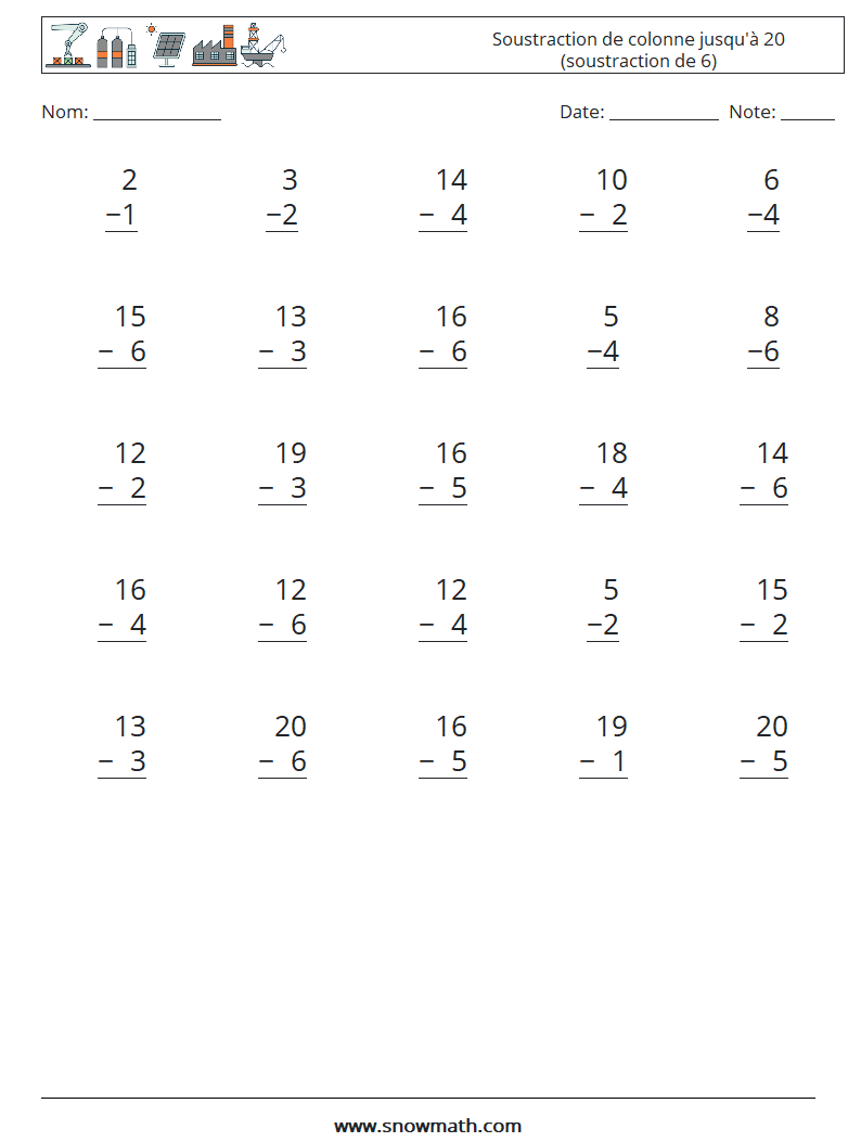 (25) Soustraction de colonne jusqu'à 20 (soustraction de 6) Fiches d'Exercices de Mathématiques 12