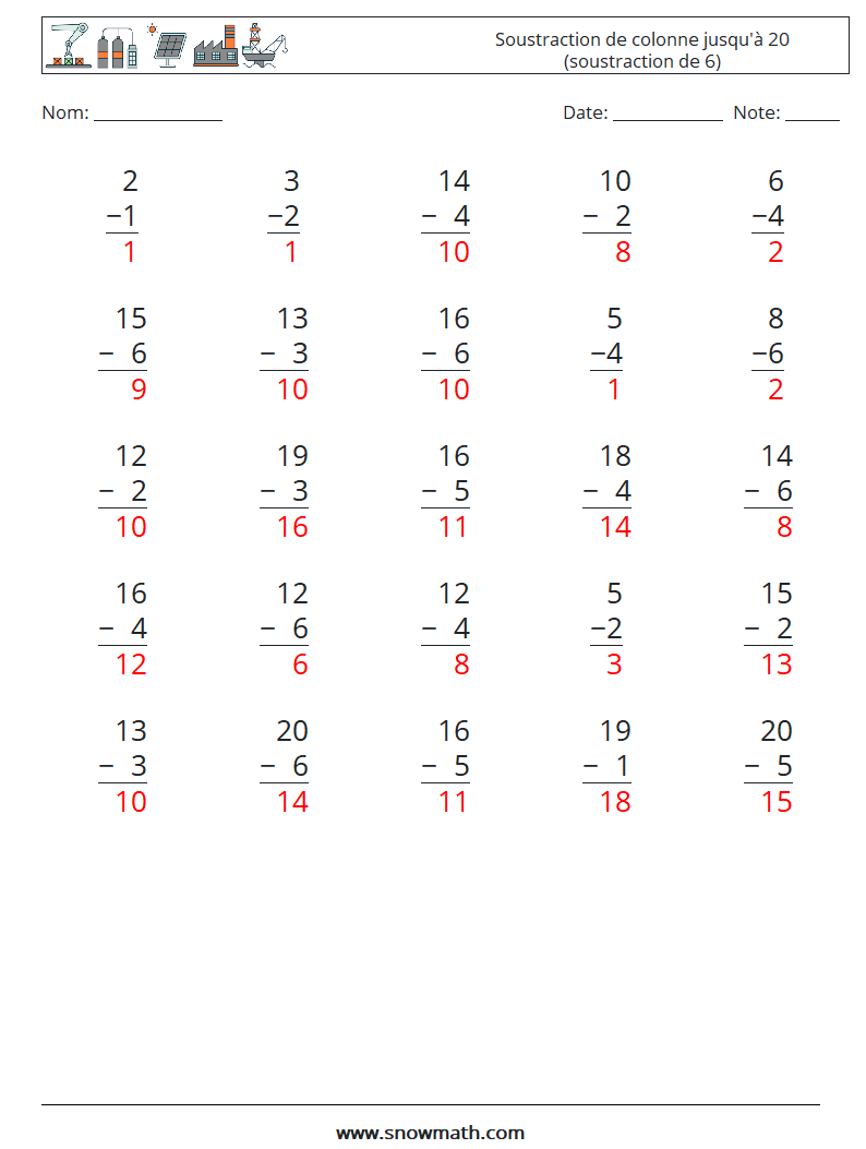 (25) Soustraction de colonne jusqu'à 20 (soustraction de 6) Fiches d'Exercices de Mathématiques 12 Question, Réponse