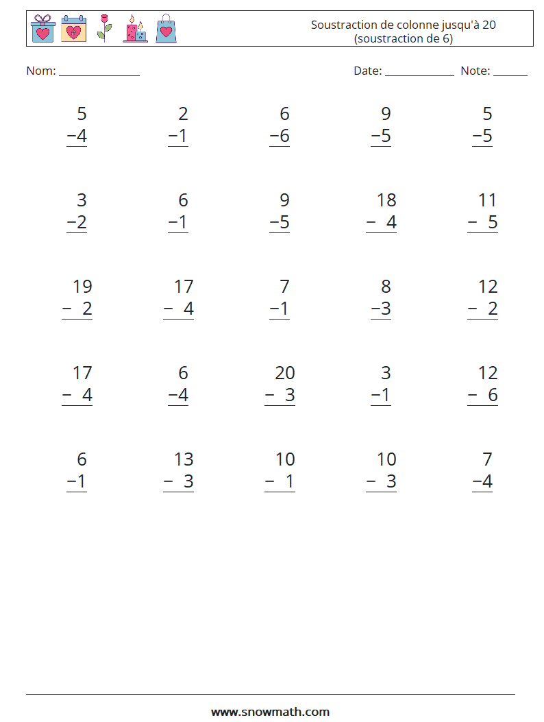 (25) Soustraction de colonne jusqu'à 20 (soustraction de 6) Fiches d'Exercices de Mathématiques 14