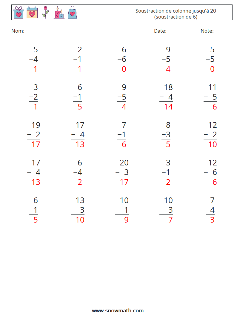 (25) Soustraction de colonne jusqu'à 20 (soustraction de 6) Fiches d'Exercices de Mathématiques 14 Question, Réponse