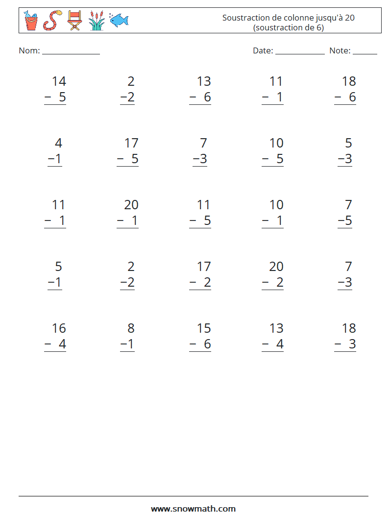 (25) Soustraction de colonne jusqu'à 20 (soustraction de 6) Fiches d'Exercices de Mathématiques 15