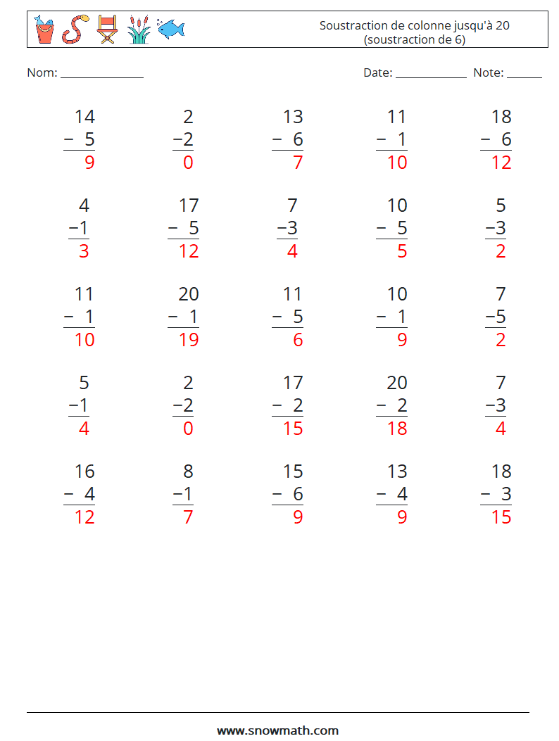 (25) Soustraction de colonne jusqu'à 20 (soustraction de 6) Fiches d'Exercices de Mathématiques 15 Question, Réponse