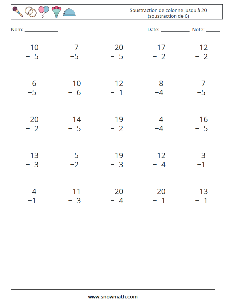 (25) Soustraction de colonne jusqu'à 20 (soustraction de 6) Fiches d'Exercices de Mathématiques 16