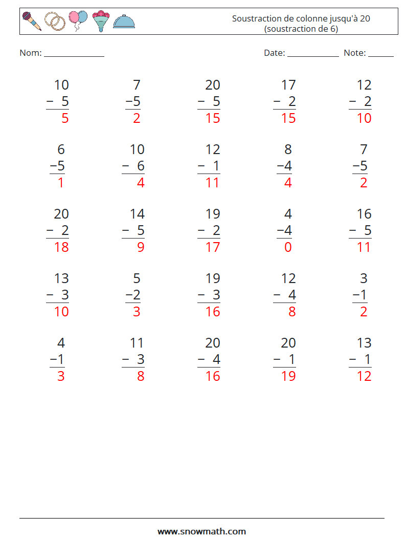 (25) Soustraction de colonne jusqu'à 20 (soustraction de 6) Fiches d'Exercices de Mathématiques 16 Question, Réponse