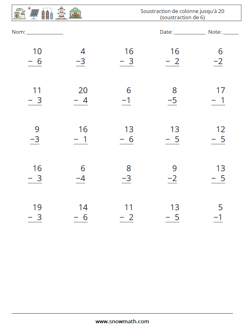 (25) Soustraction de colonne jusqu'à 20 (soustraction de 6) Fiches d'Exercices de Mathématiques 17