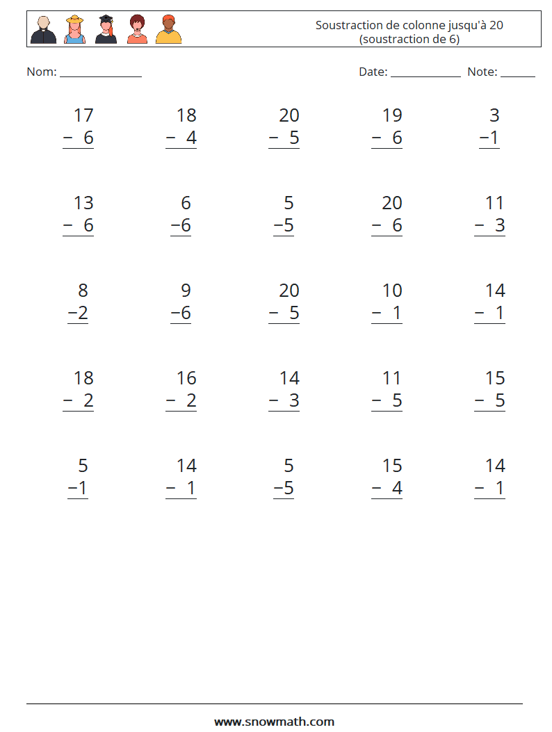 (25) Soustraction de colonne jusqu'à 20 (soustraction de 6) Fiches d'Exercices de Mathématiques 18