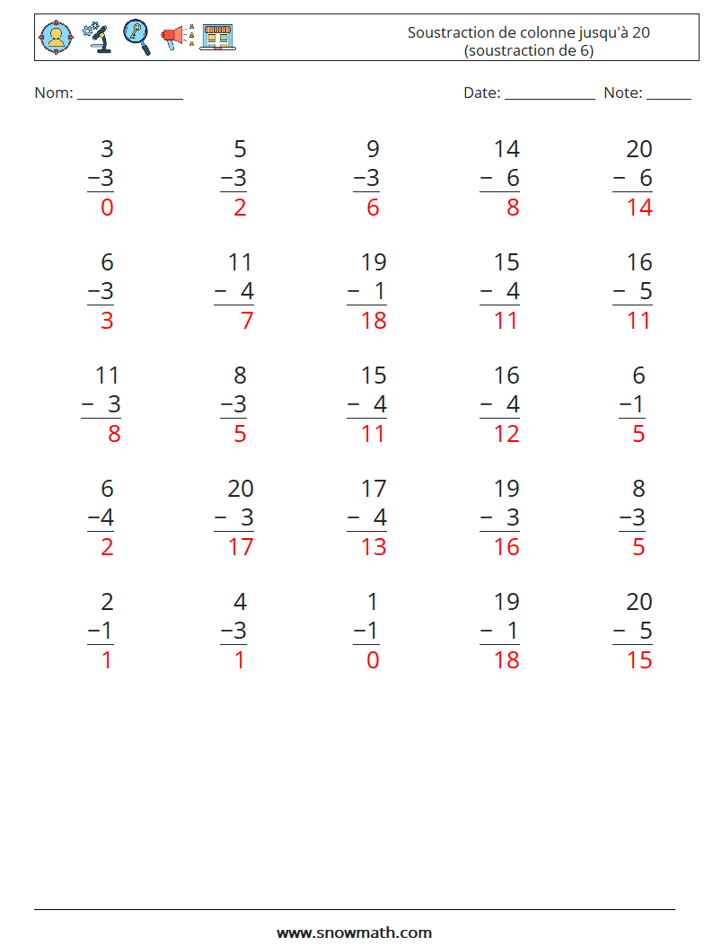 (25) Soustraction de colonne jusqu'à 20 (soustraction de 6) Fiches d'Exercices de Mathématiques 1 Question, Réponse