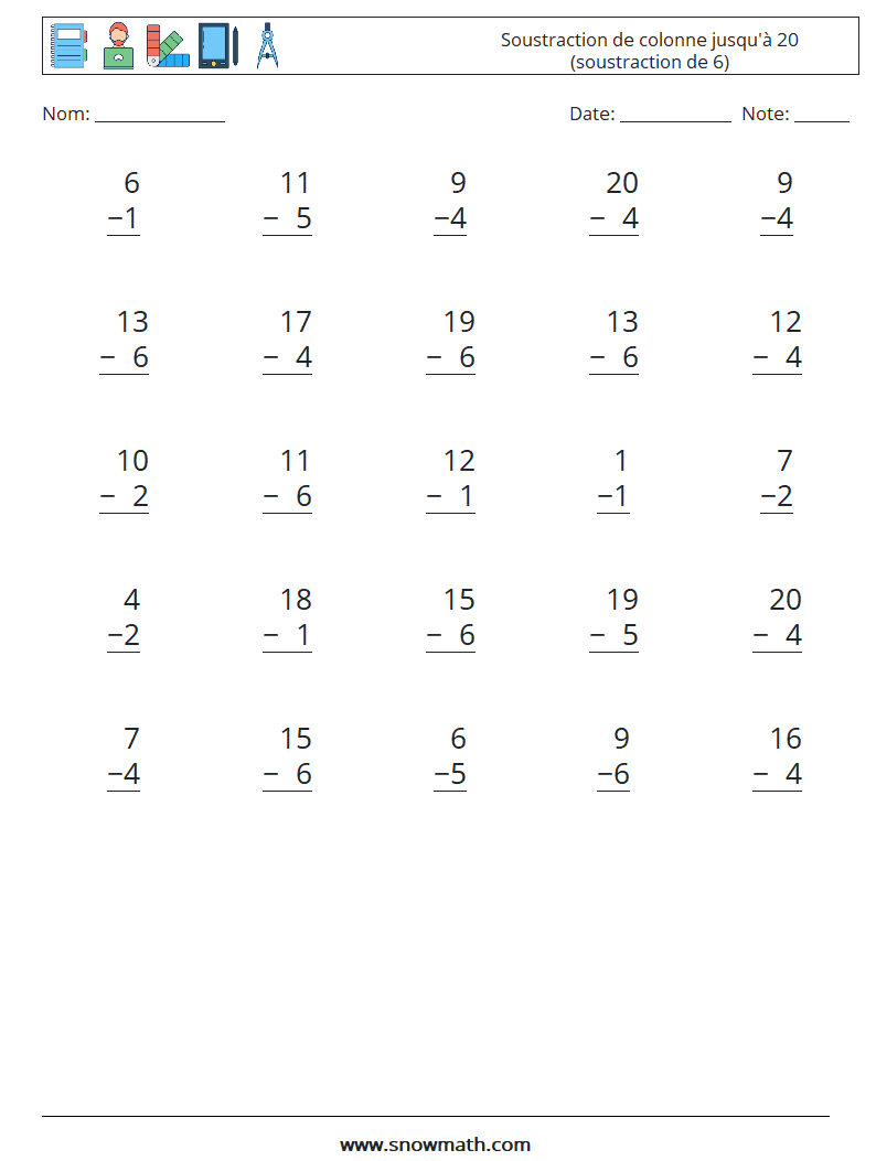 (25) Soustraction de colonne jusqu'à 20 (soustraction de 6) Fiches d'Exercices de Mathématiques 2