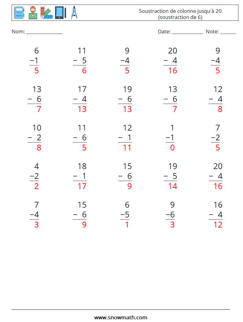 (25) Soustraction de colonne jusqu'à 20 (soustraction de 6) Fiches d'Exercices de Mathématiques 2 Question, Réponse