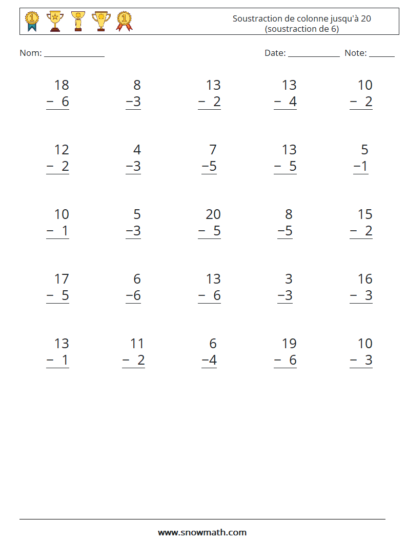 (25) Soustraction de colonne jusqu'à 20 (soustraction de 6) Fiches d'Exercices de Mathématiques 3