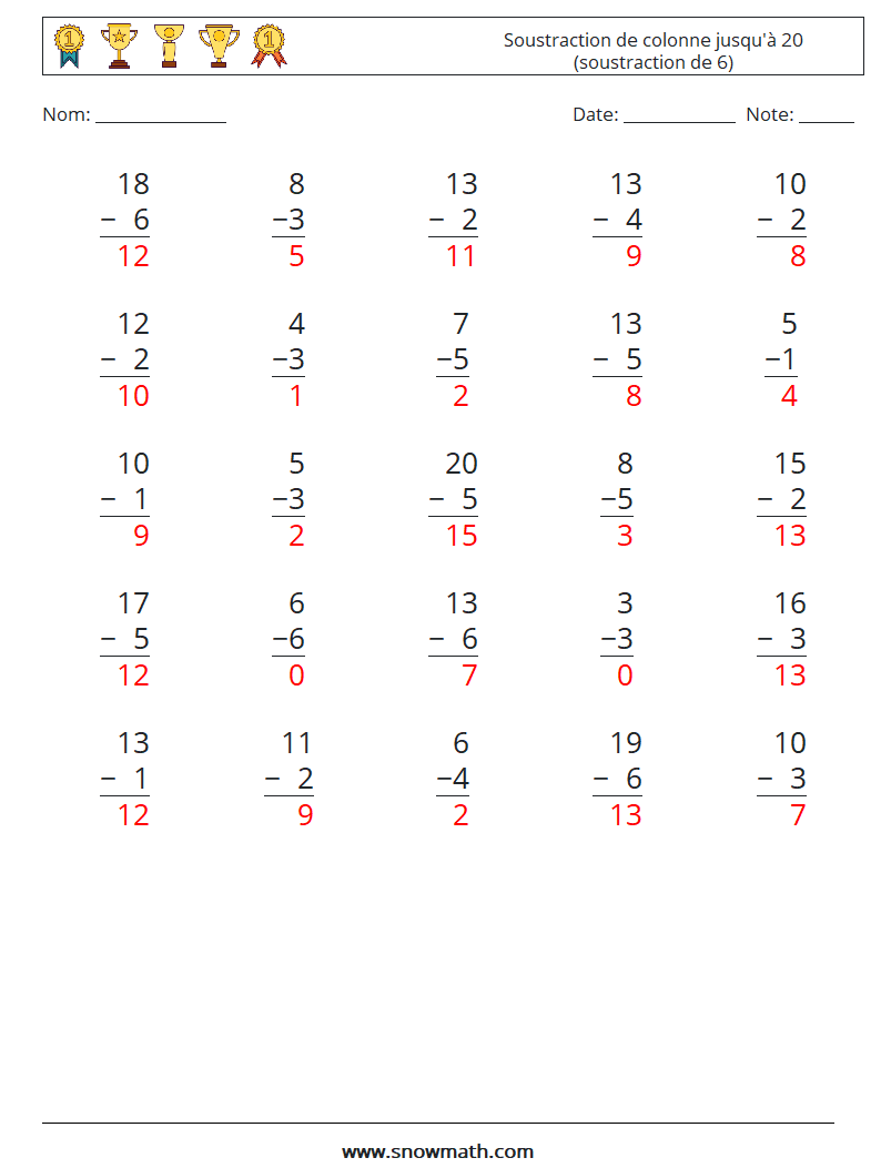 (25) Soustraction de colonne jusqu'à 20 (soustraction de 6) Fiches d'Exercices de Mathématiques 3 Question, Réponse