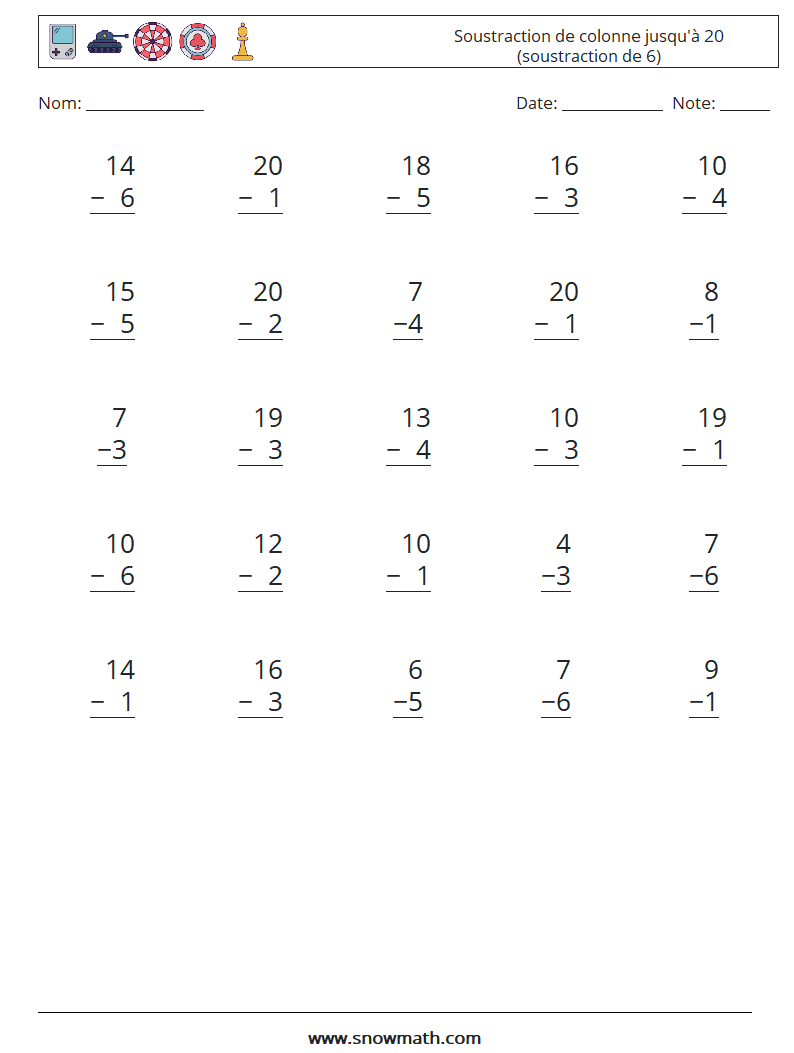 (25) Soustraction de colonne jusqu'à 20 (soustraction de 6) Fiches d'Exercices de Mathématiques 4