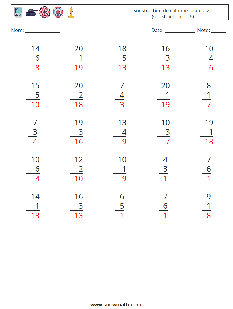 (25) Soustraction de colonne jusqu'à 20 (soustraction de 6) Fiches d'Exercices de Mathématiques 4 Question, Réponse