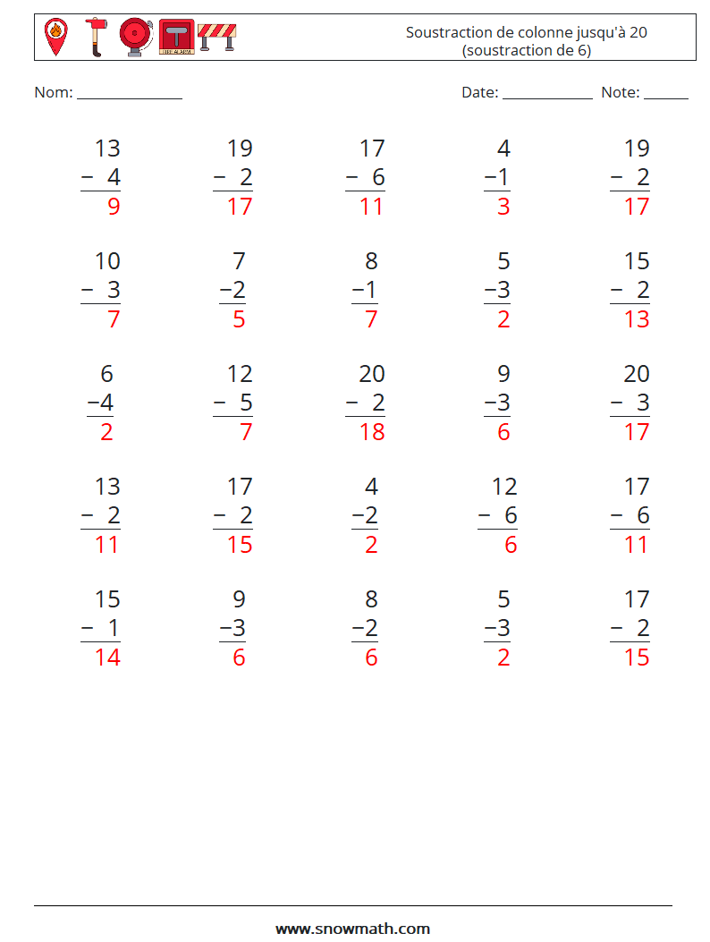 (25) Soustraction de colonne jusqu'à 20 (soustraction de 6) Fiches d'Exercices de Mathématiques 5 Question, Réponse