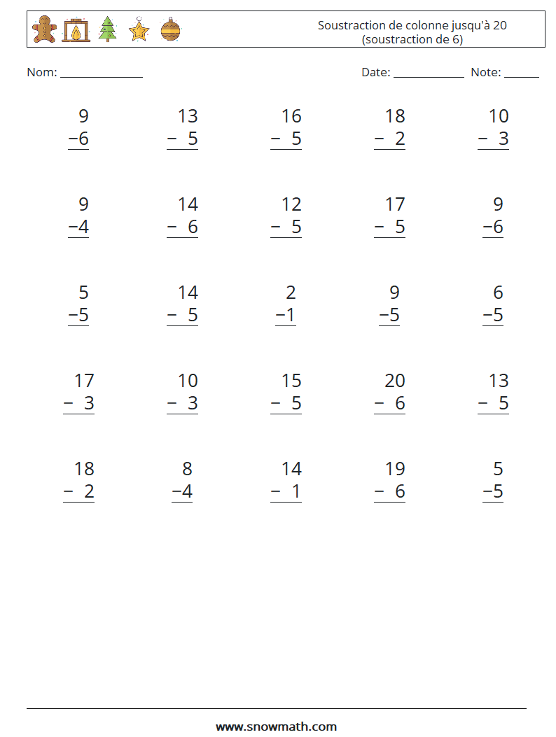 (25) Soustraction de colonne jusqu'à 20 (soustraction de 6) Fiches d'Exercices de Mathématiques 6