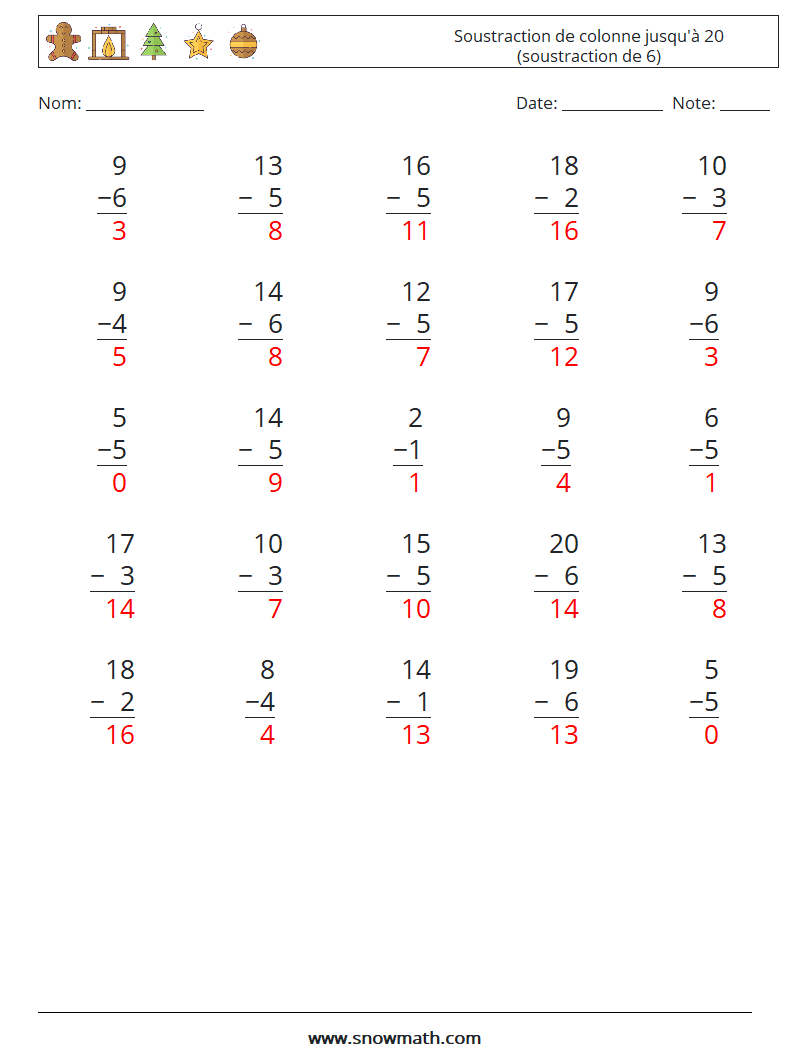 (25) Soustraction de colonne jusqu'à 20 (soustraction de 6) Fiches d'Exercices de Mathématiques 6 Question, Réponse