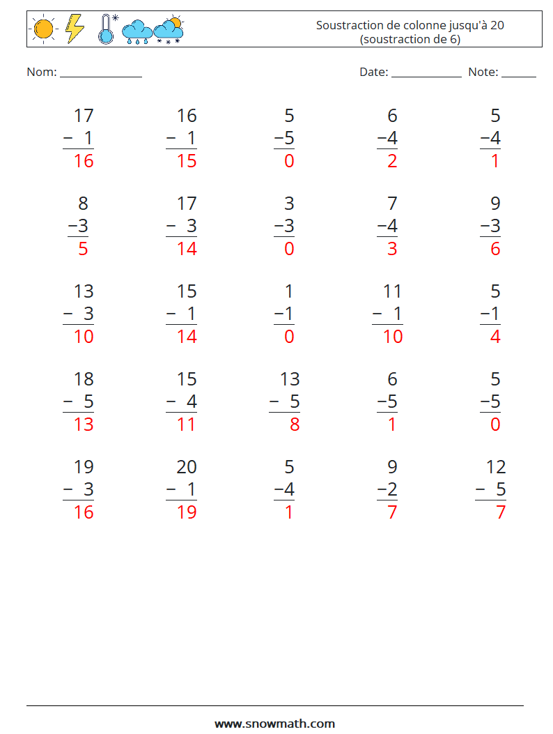 (25) Soustraction de colonne jusqu'à 20 (soustraction de 6) Fiches d'Exercices de Mathématiques 7 Question, Réponse