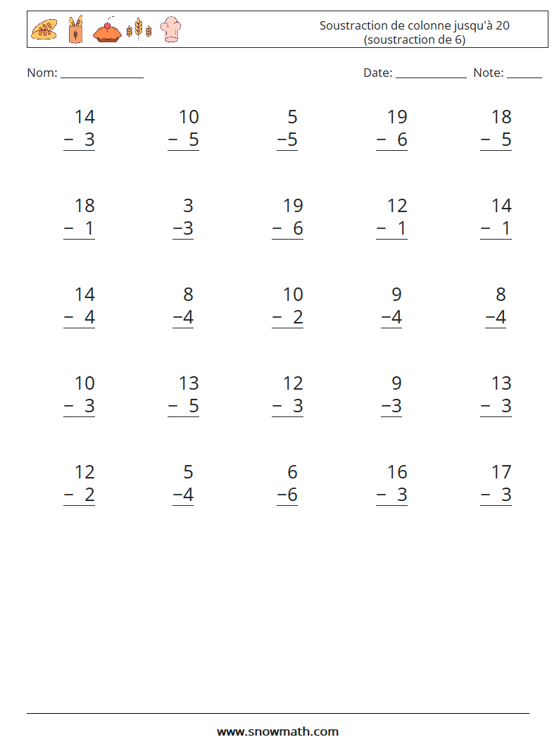 (25) Soustraction de colonne jusqu'à 20 (soustraction de 6) Fiches d'Exercices de Mathématiques 8