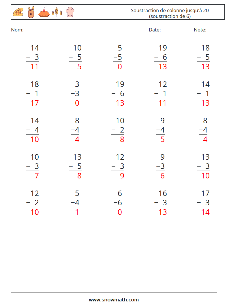 (25) Soustraction de colonne jusqu'à 20 (soustraction de 6) Fiches d'Exercices de Mathématiques 8 Question, Réponse