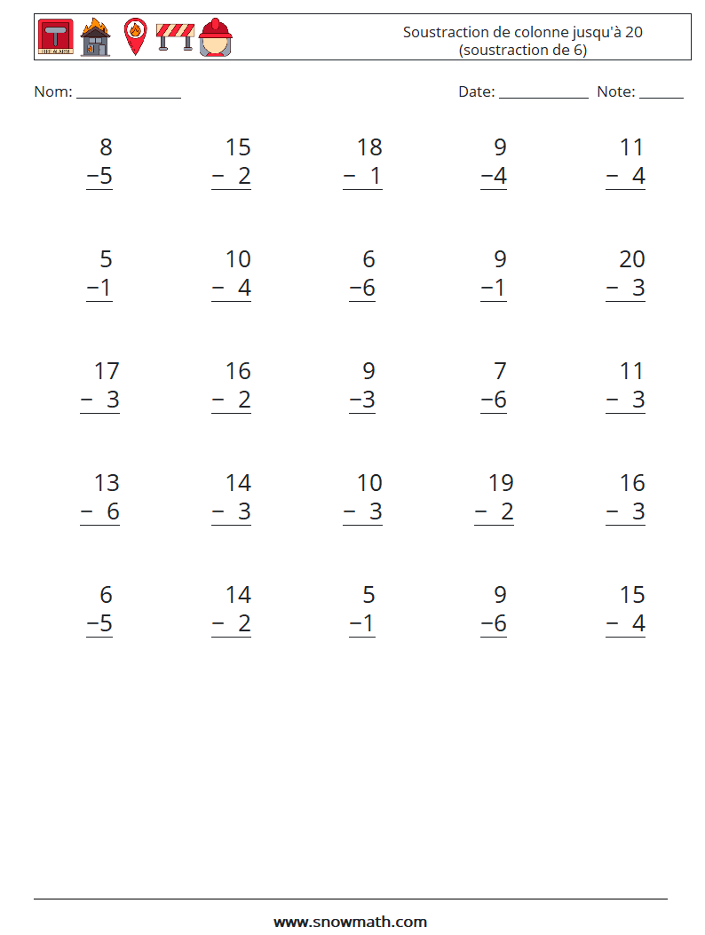 (25) Soustraction de colonne jusqu'à 20 (soustraction de 6) Fiches d'Exercices de Mathématiques 9