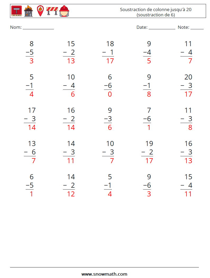 (25) Soustraction de colonne jusqu'à 20 (soustraction de 6) Fiches d'Exercices de Mathématiques 9 Question, Réponse