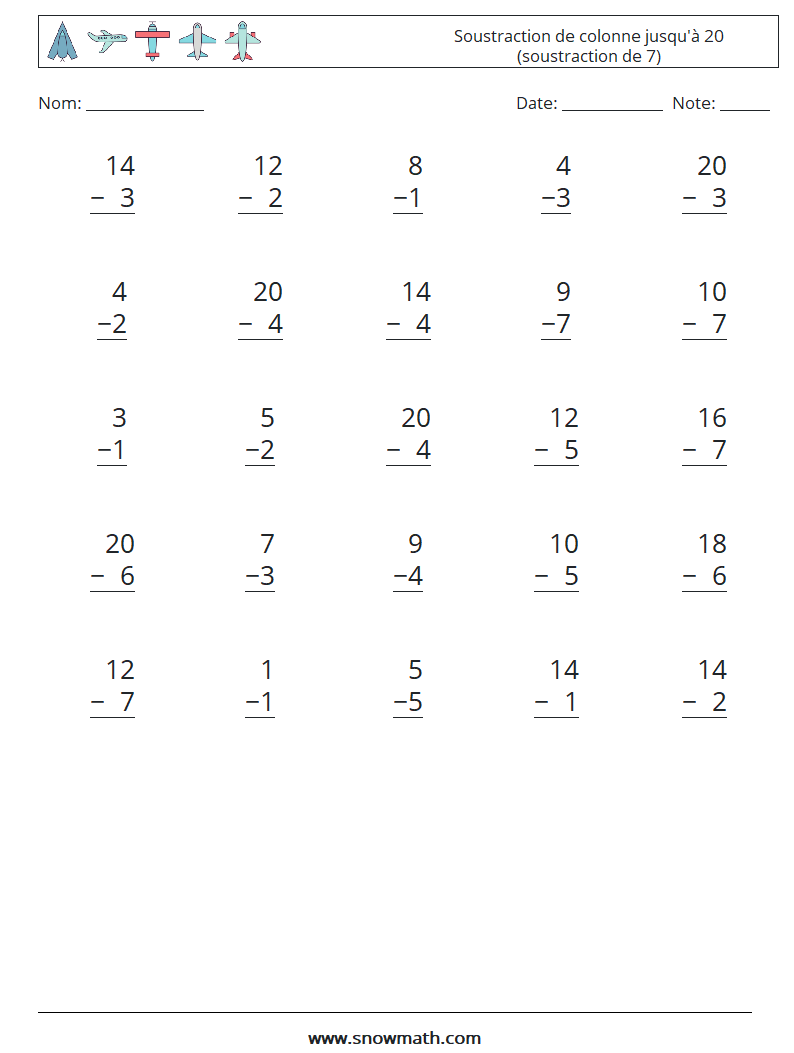 (25) Soustraction de colonne jusqu'à 20 (soustraction de 7) Fiches d'Exercices de Mathématiques 1