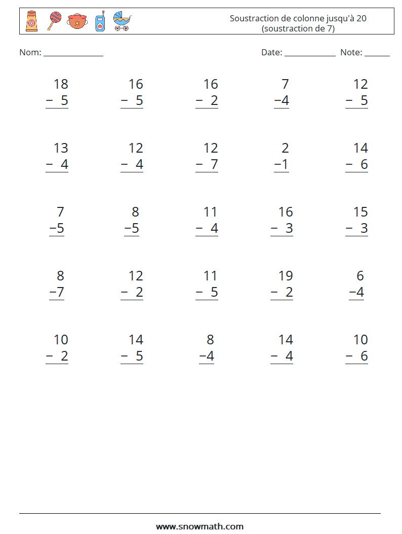 (25) Soustraction de colonne jusqu'à 20 (soustraction de 7) Fiches d'Exercices de Mathématiques 10