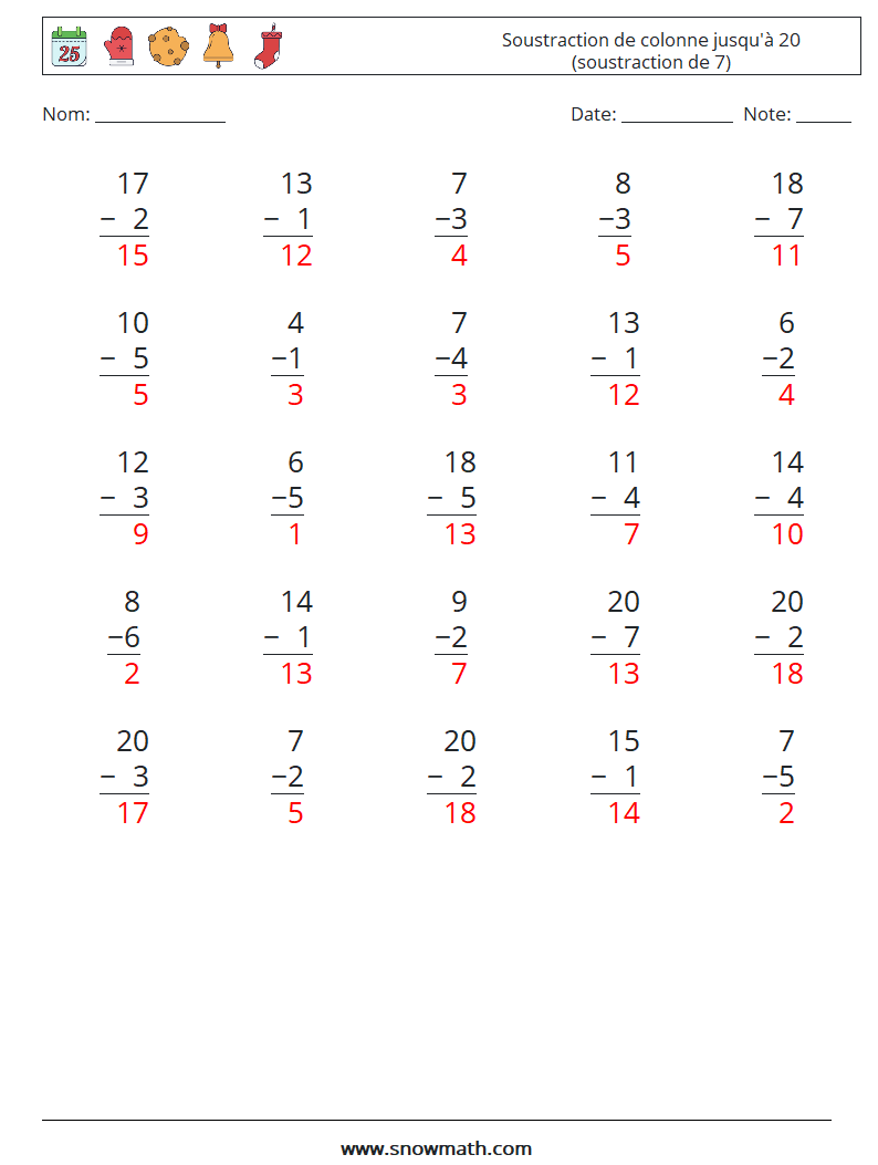 (25) Soustraction de colonne jusqu'à 20 (soustraction de 7) Fiches d'Exercices de Mathématiques 13 Question, Réponse