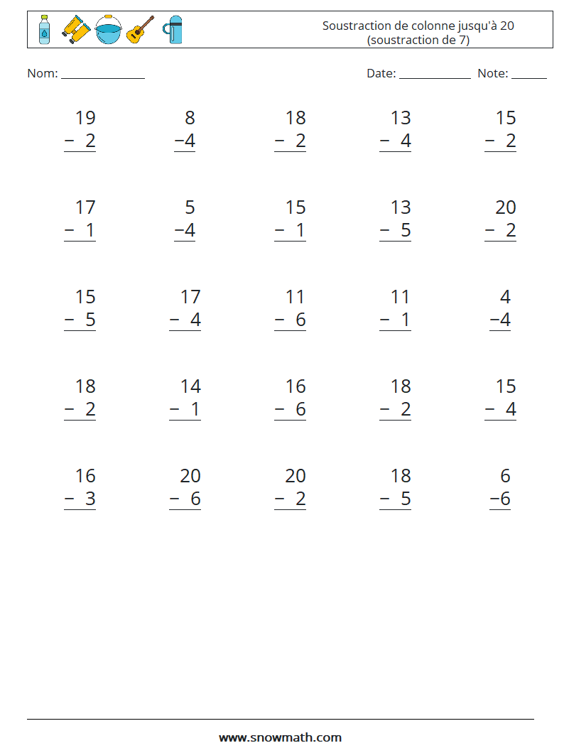 (25) Soustraction de colonne jusqu'à 20 (soustraction de 7) Fiches d'Exercices de Mathématiques 14