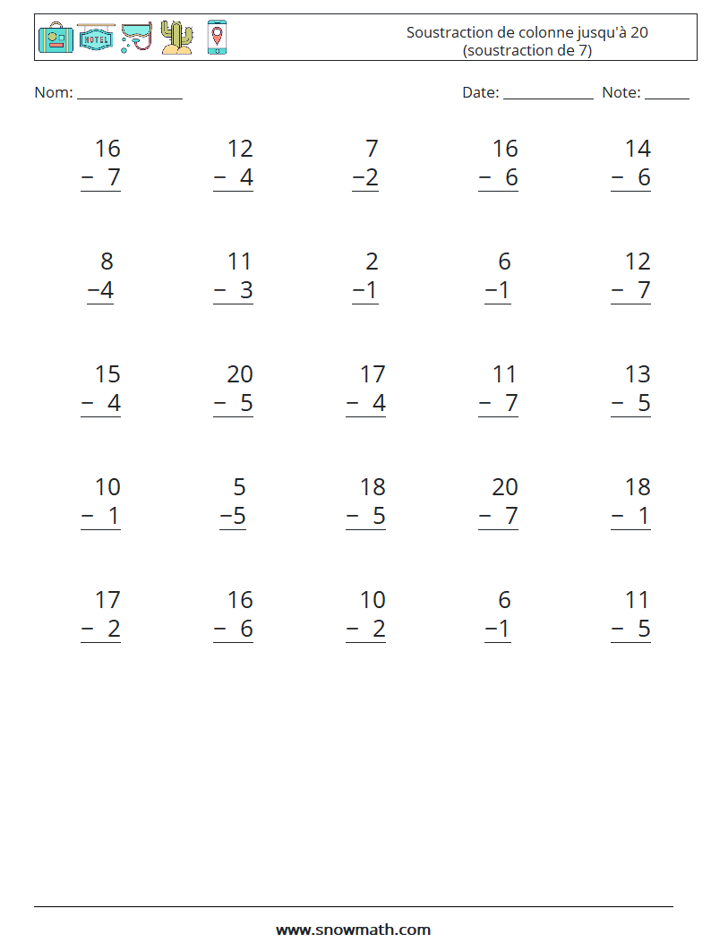 (25) Soustraction de colonne jusqu'à 20 (soustraction de 7) Fiches d'Exercices de Mathématiques 15