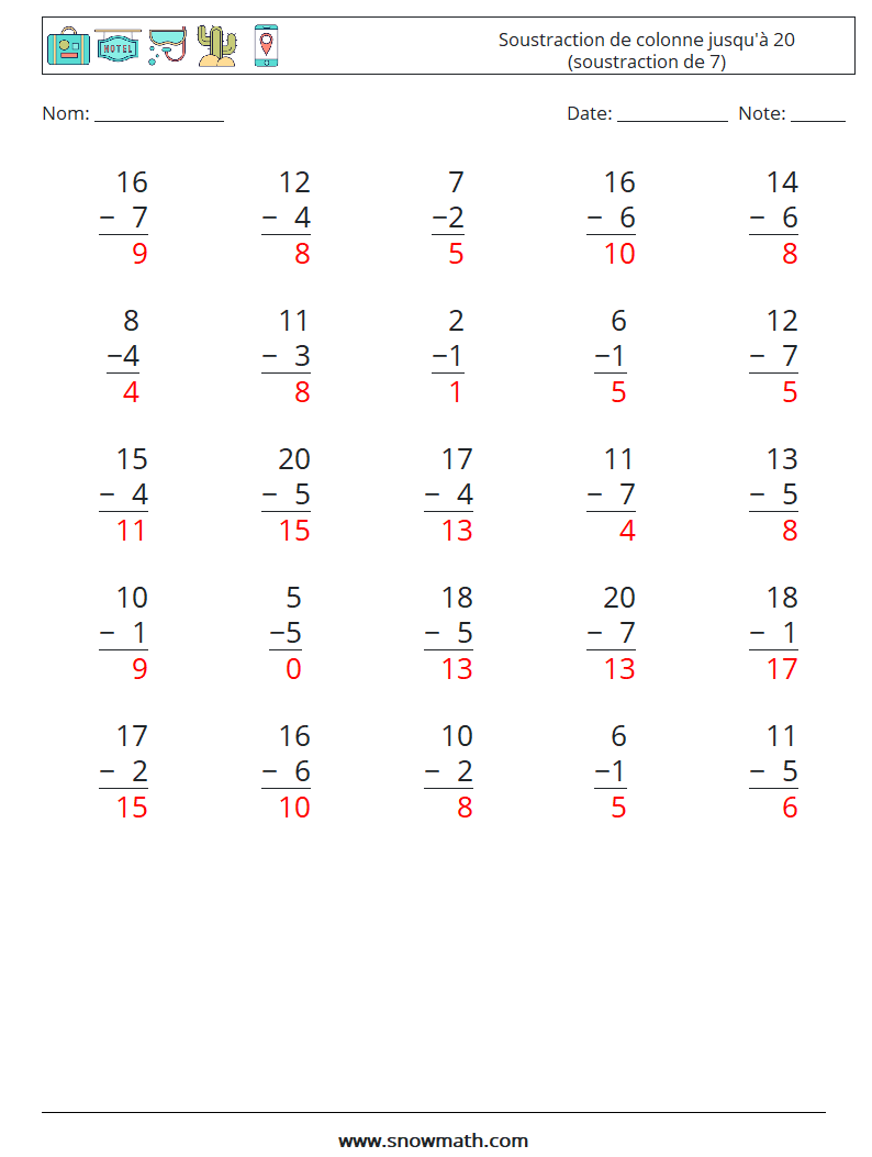 (25) Soustraction de colonne jusqu'à 20 (soustraction de 7) Fiches d'Exercices de Mathématiques 15 Question, Réponse