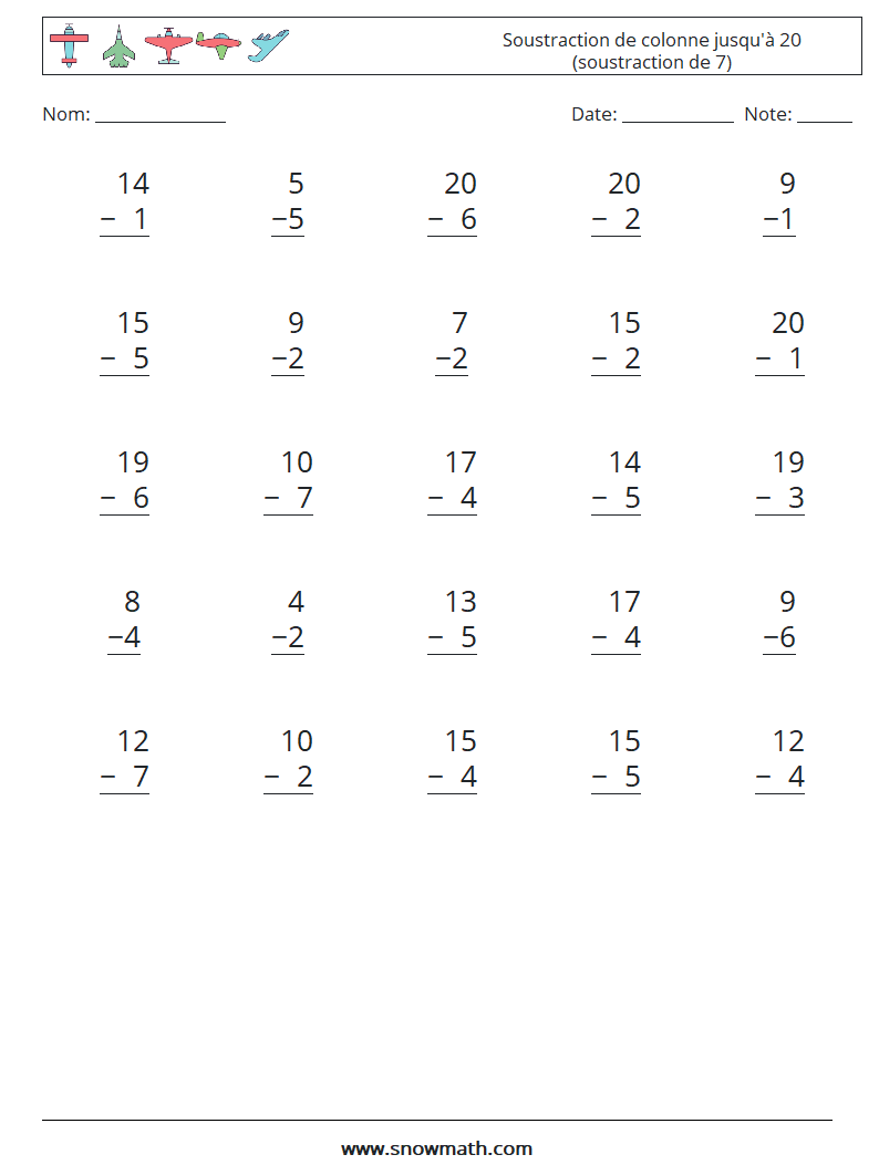 (25) Soustraction de colonne jusqu'à 20 (soustraction de 7) Fiches d'Exercices de Mathématiques 16