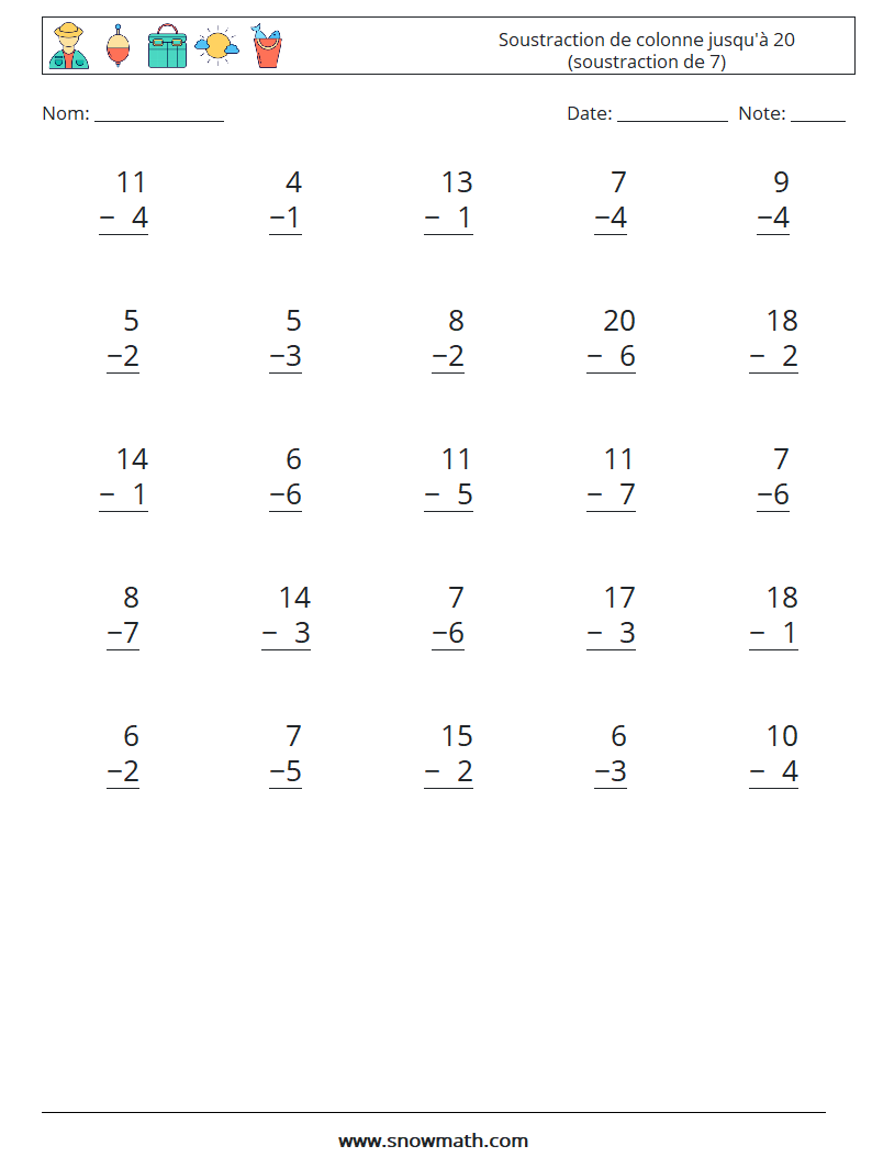 (25) Soustraction de colonne jusqu'à 20 (soustraction de 7) Fiches d'Exercices de Mathématiques 18