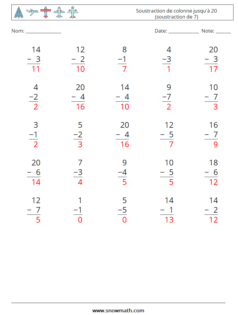 (25) Soustraction de colonne jusqu'à 20 (soustraction de 7) Fiches d'Exercices de Mathématiques 1 Question, Réponse