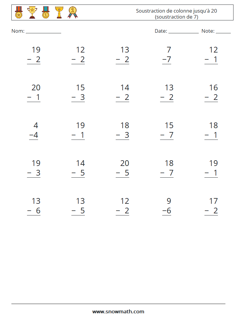 (25) Soustraction de colonne jusqu'à 20 (soustraction de 7) Fiches d'Exercices de Mathématiques 2