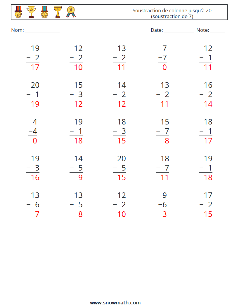 (25) Soustraction de colonne jusqu'à 20 (soustraction de 7) Fiches d'Exercices de Mathématiques 2 Question, Réponse