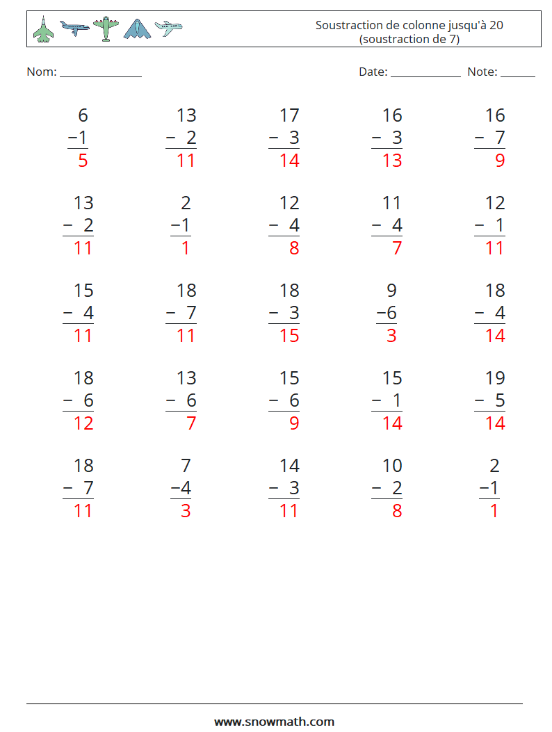 (25) Soustraction de colonne jusqu'à 20 (soustraction de 7) Fiches d'Exercices de Mathématiques 3 Question, Réponse