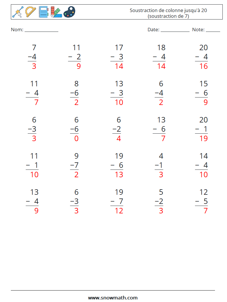 (25) Soustraction de colonne jusqu'à 20 (soustraction de 7) Fiches d'Exercices de Mathématiques 4 Question, Réponse