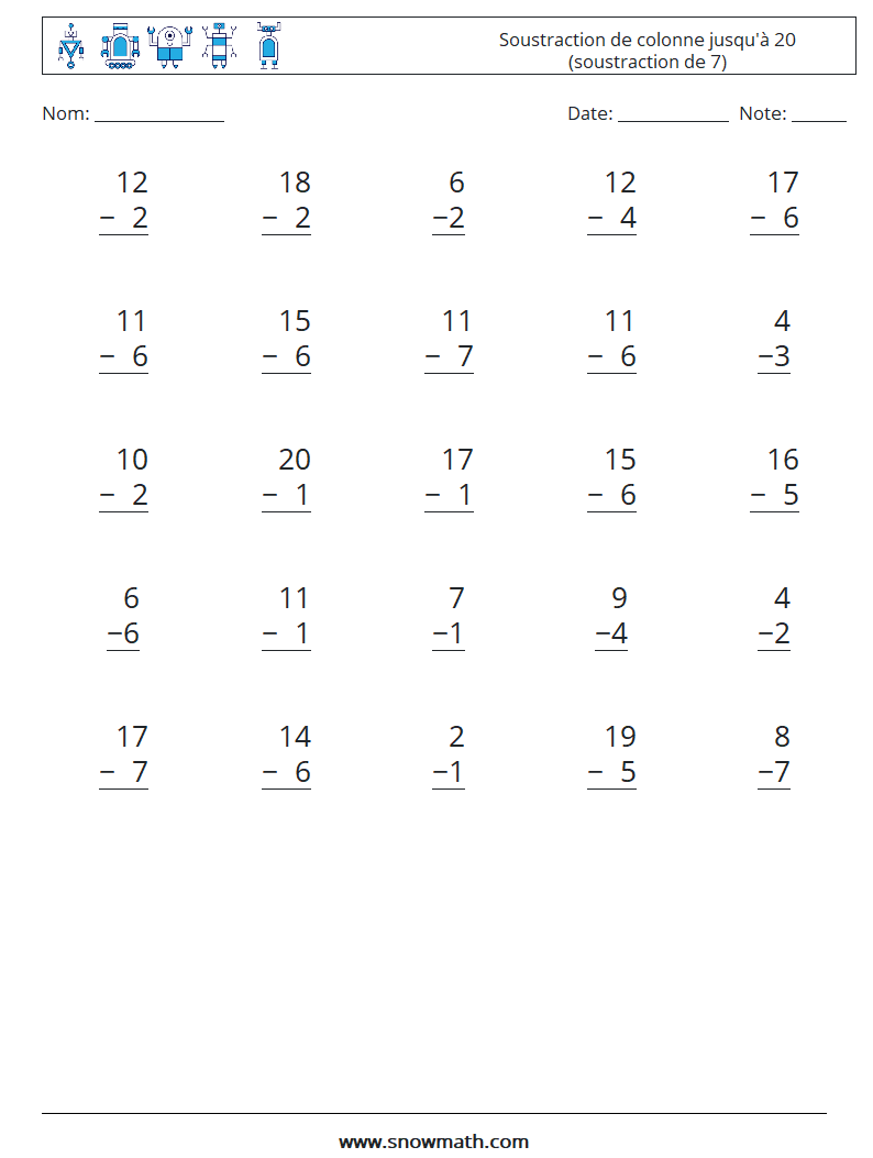 (25) Soustraction de colonne jusqu'à 20 (soustraction de 7) Fiches d'Exercices de Mathématiques 5