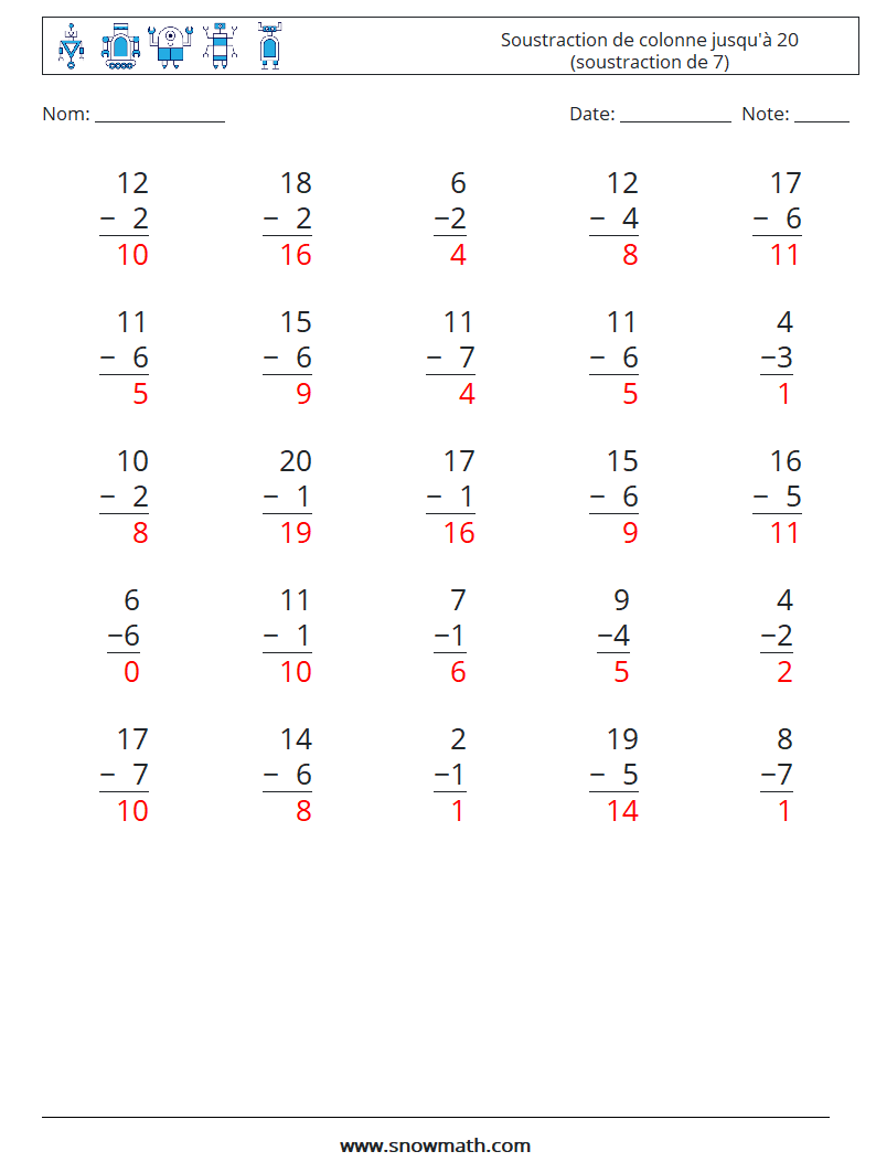 (25) Soustraction de colonne jusqu'à 20 (soustraction de 7) Fiches d'Exercices de Mathématiques 5 Question, Réponse