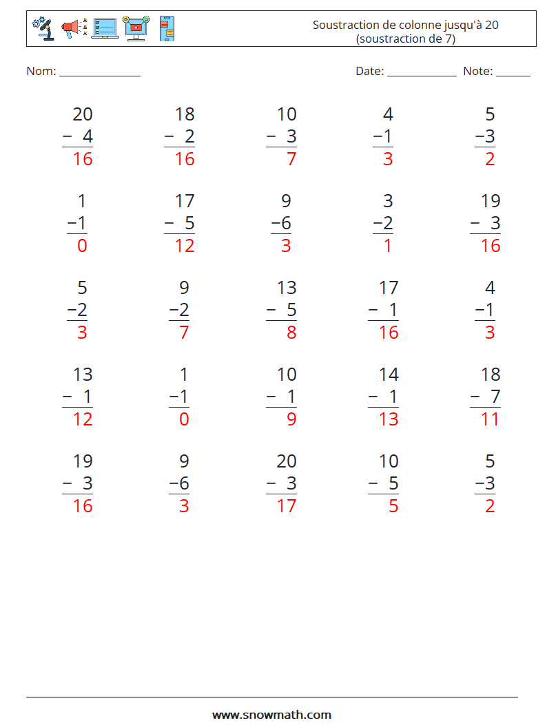 (25) Soustraction de colonne jusqu'à 20 (soustraction de 7) Fiches d'Exercices de Mathématiques 7 Question, Réponse